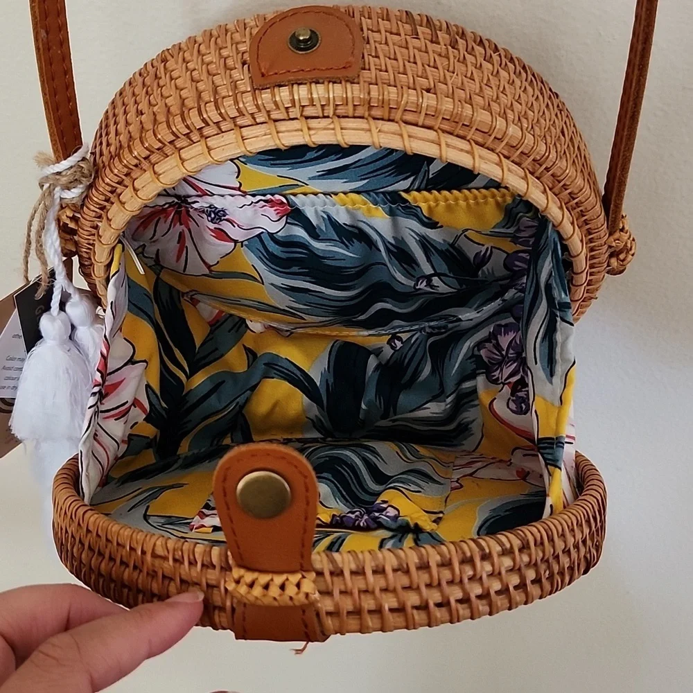 Handcrafted in Vietnam Woven Circle Crossbody Bag Leather Accents Boho Beachy